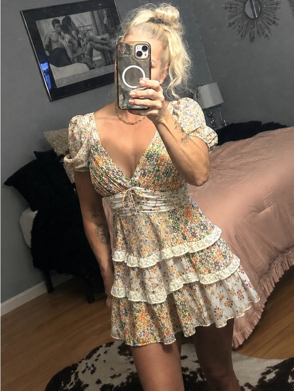 Altar'd State Cream Multi Floral Tiered Mini Dress. Size M.